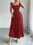 1 Piece Spring & Summer Ruffled Square Neck Polka Dot Maxi Dress