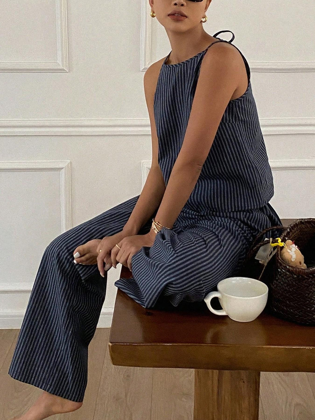 Two-Piece Women's Casual Summer Striped Lightweight Spaghetti Strap Sleeveless Top & Loose Long Pants Outfit Set, Comfortable Stylish Set