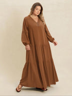 【Plus Size】 Plain V-Neck Long Sleeve Maxi Dress, Boho Modest Dress for Daily Holiday Vacation Wear, Women's Plus-Size Clothing for All Seasons