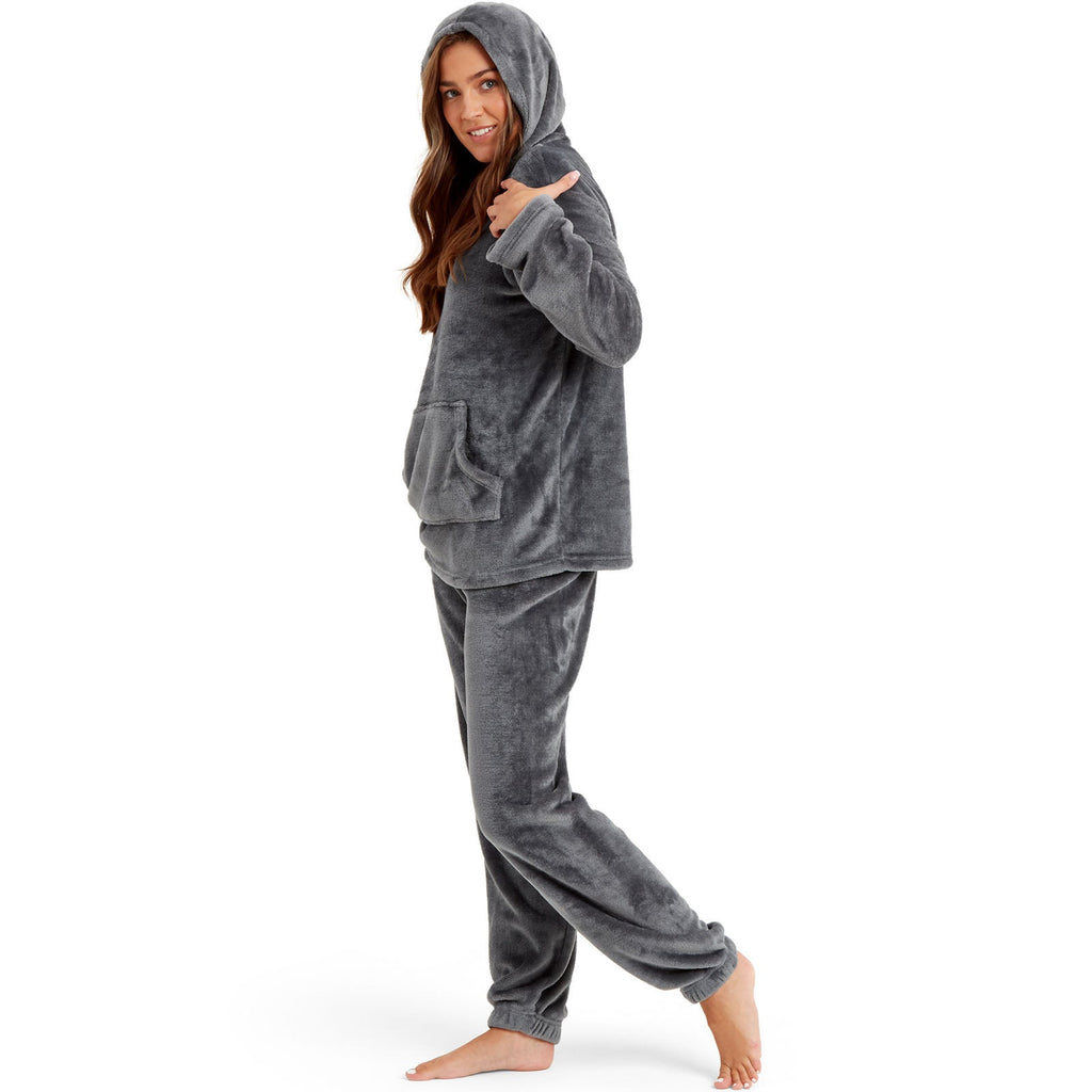 Womens Soft Fleece Hooded PJs Pyjama Bottoms Top Loungewear Set
