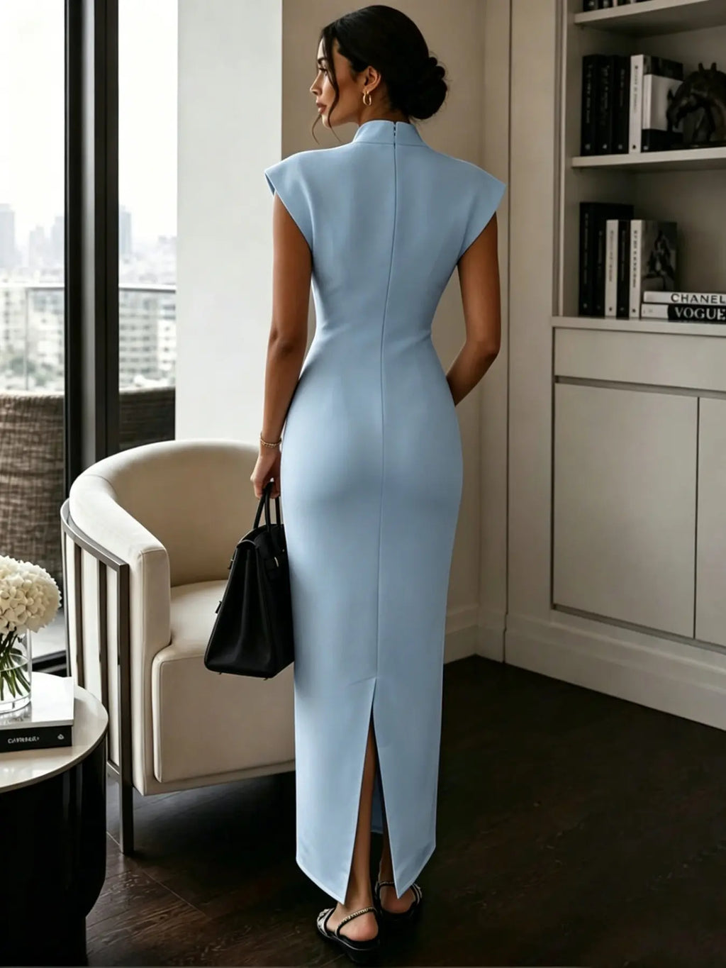 New Stand Collar V Neck Sleeveless High Waist Bodycon Dress