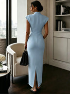 New Stand Collar V Neck Sleeveless High Waist Bodycon Dress