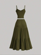 Women's Solid Woven Crop Cami Top & Pleated A-line Skirt Two-piece Set