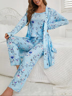 Three-Piece Set Women's Floral Butterfly Print Belted Long Sleeve Lounge Robe & Lettuce Trim Cami Top & Pants Pyjama Set