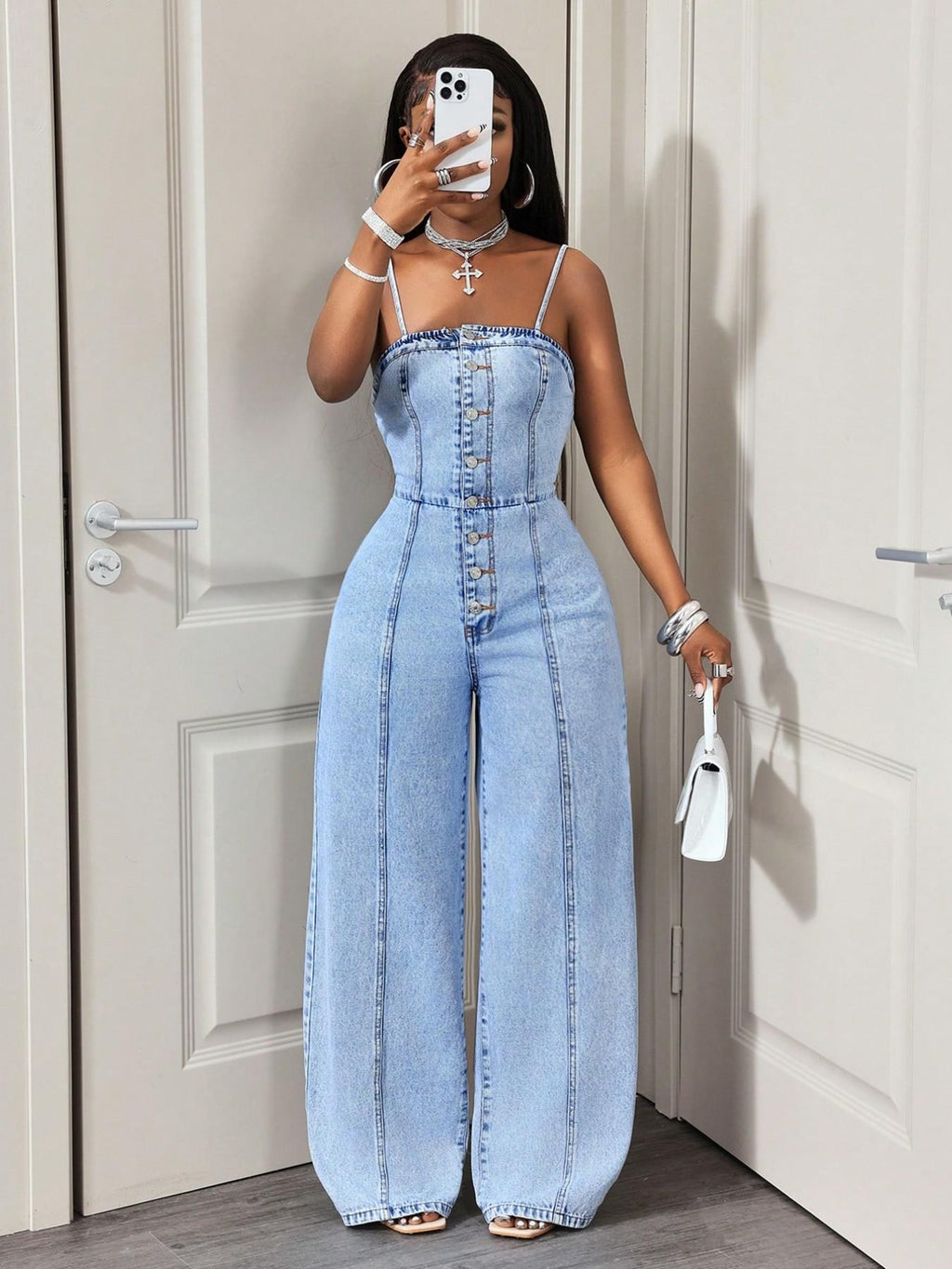 Women's Casual Denim Halter Backless Wide Leg Pants