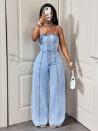 Women's Casual Denim Halter Backless Wide Leg Pants