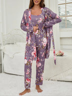 Women's All Over Floral Print Pajama Set, Long Sleeve Open Front Outwear & Pants & Cami Top