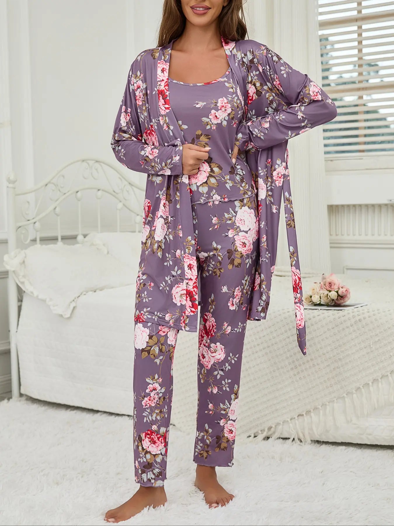 Women's All Over Floral Print Pajama Set, Long Sleeve Open Front Outwear & Pants & Cami Top
