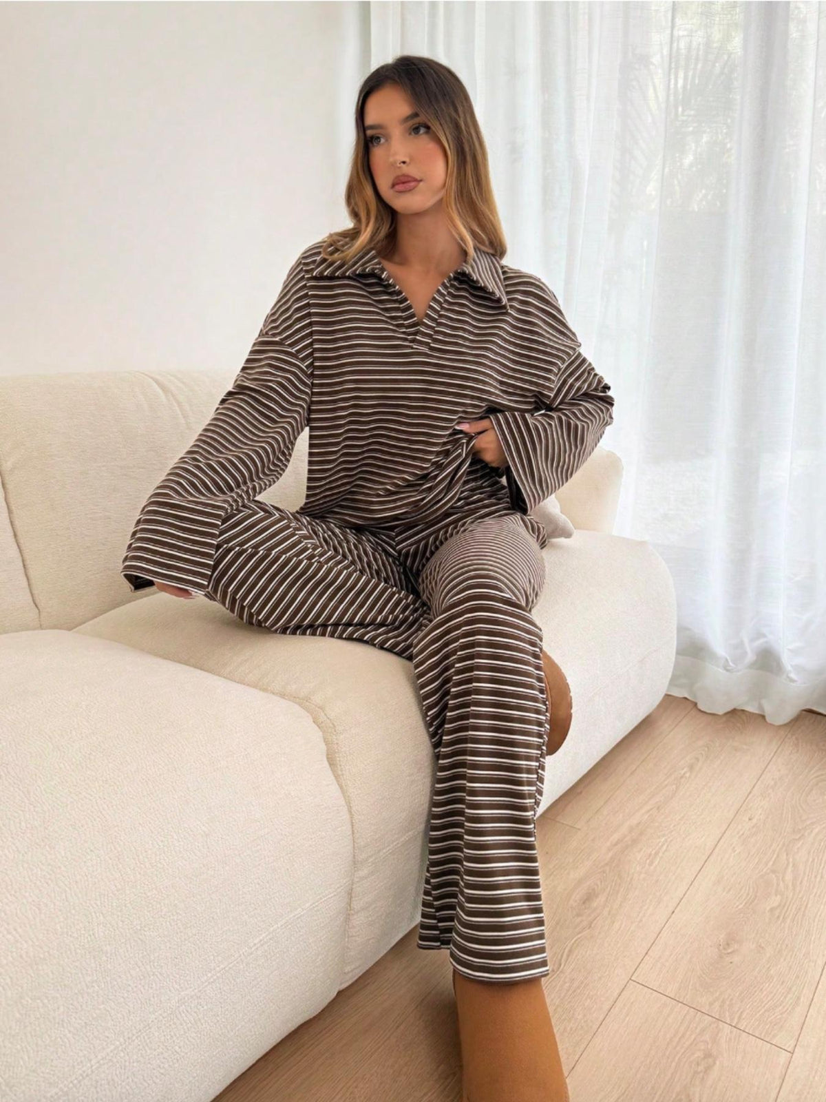 Women's 2pcs Set Loose Striped V-Neck Drop Shoulder Long Sleeve T-Shirt &Elastic Waist Striped Pants