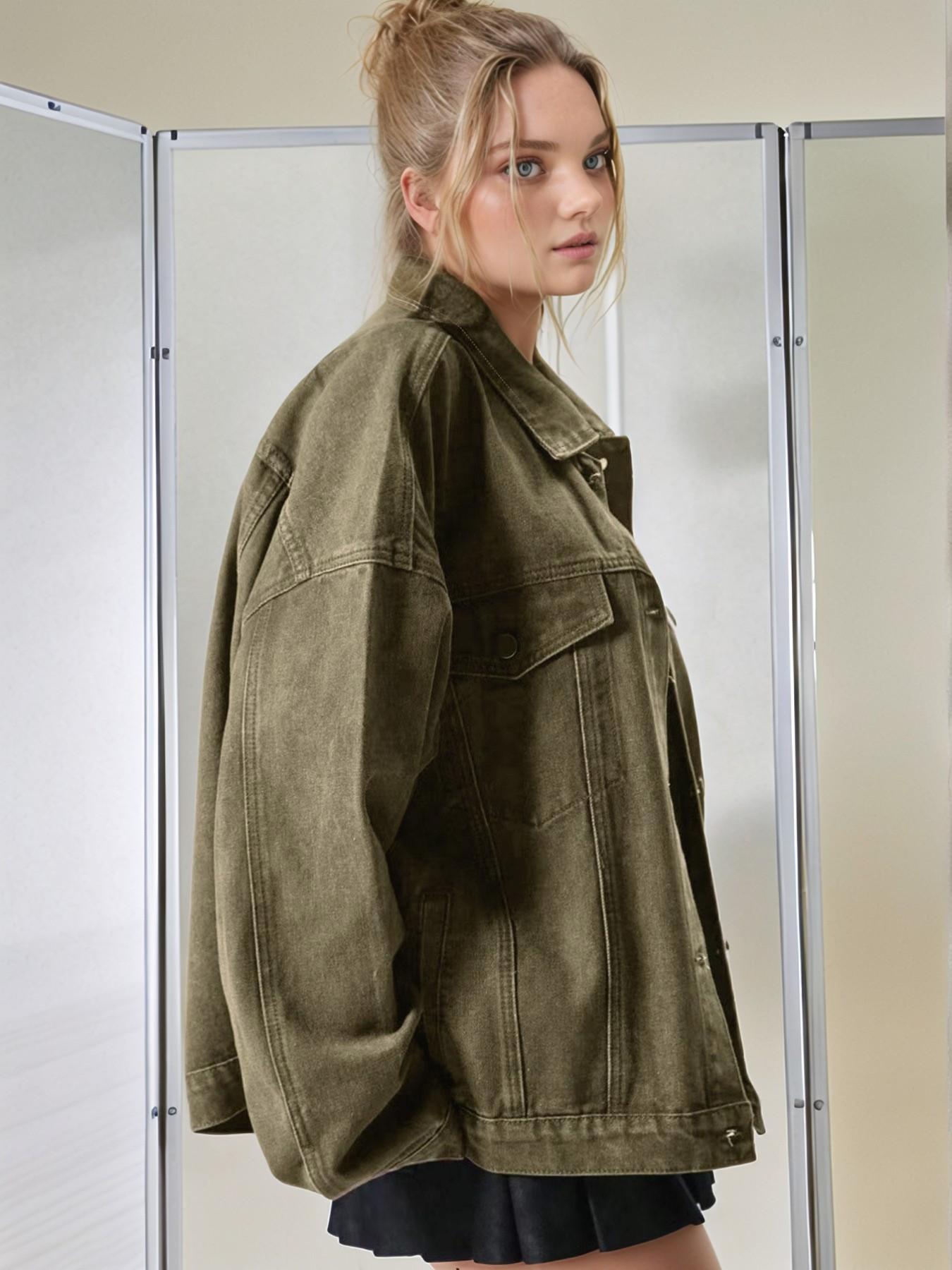 Women's Plain Basic Button-Front Drop-Shoulder Fitted Denim Jacket Coats