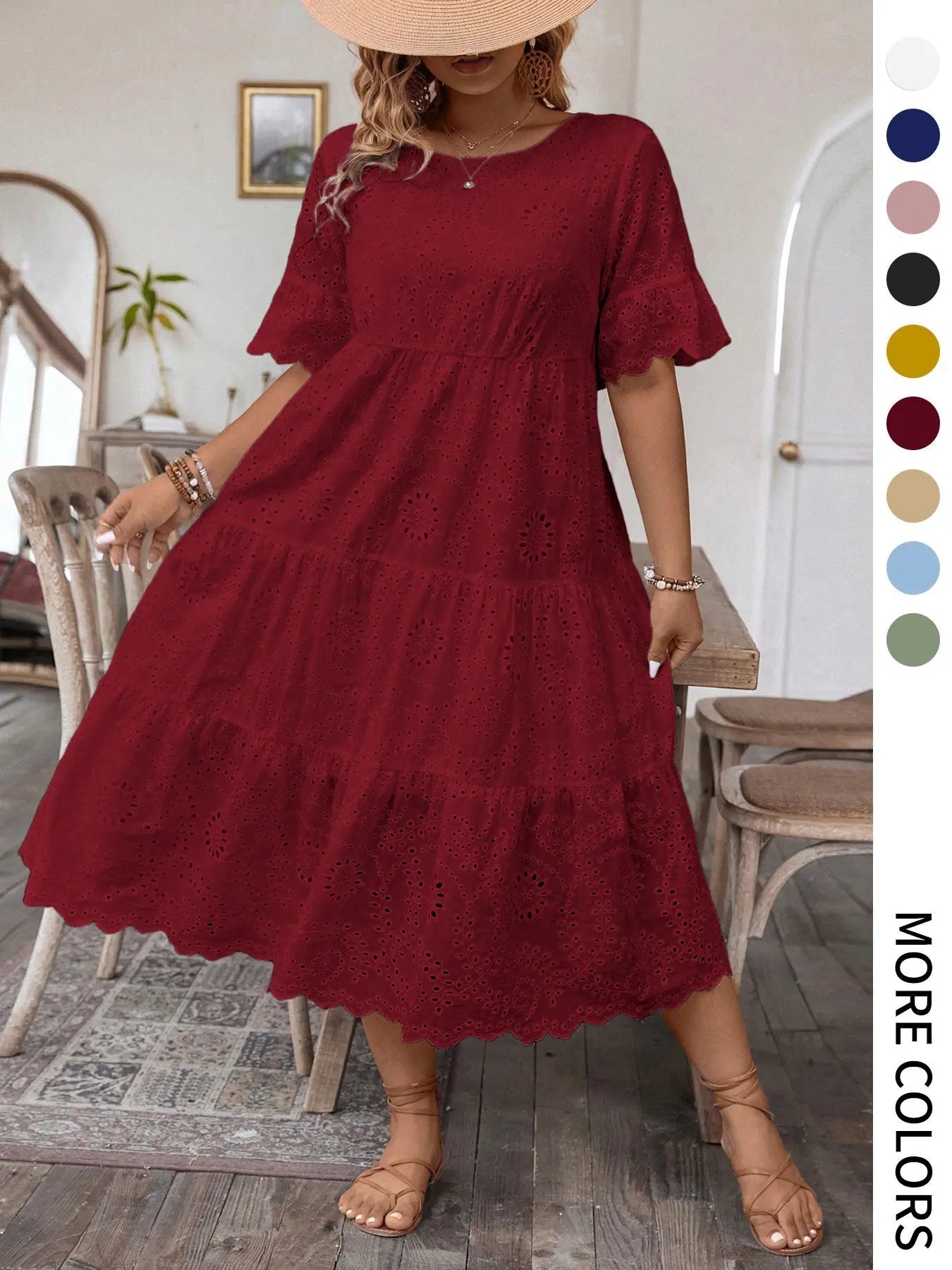 【Plus Size】 Solid Eyelet Embroidery Dress, Boho-Style Round-Neck Dress for Vacation and Everyday Wear – Women's Summer Clothing