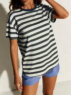 Women's Classic Casual Striped Long Sleeve Spring Fall Round Neck Fitted Top