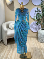 Elegant Women's Striped Pleated Long Sleeve Bodycon Maxi Prom Dress