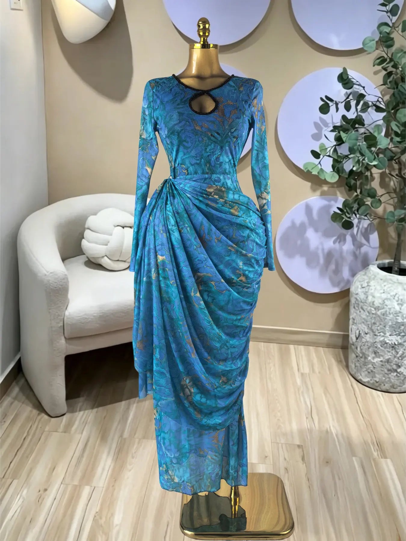 Elegant Women's Striped Pleated Long Sleeve Bodycon Maxi Prom Dress