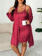 Plus Size Women's Nightwear Set, Floral Print Lace Nightdress + Long Robe