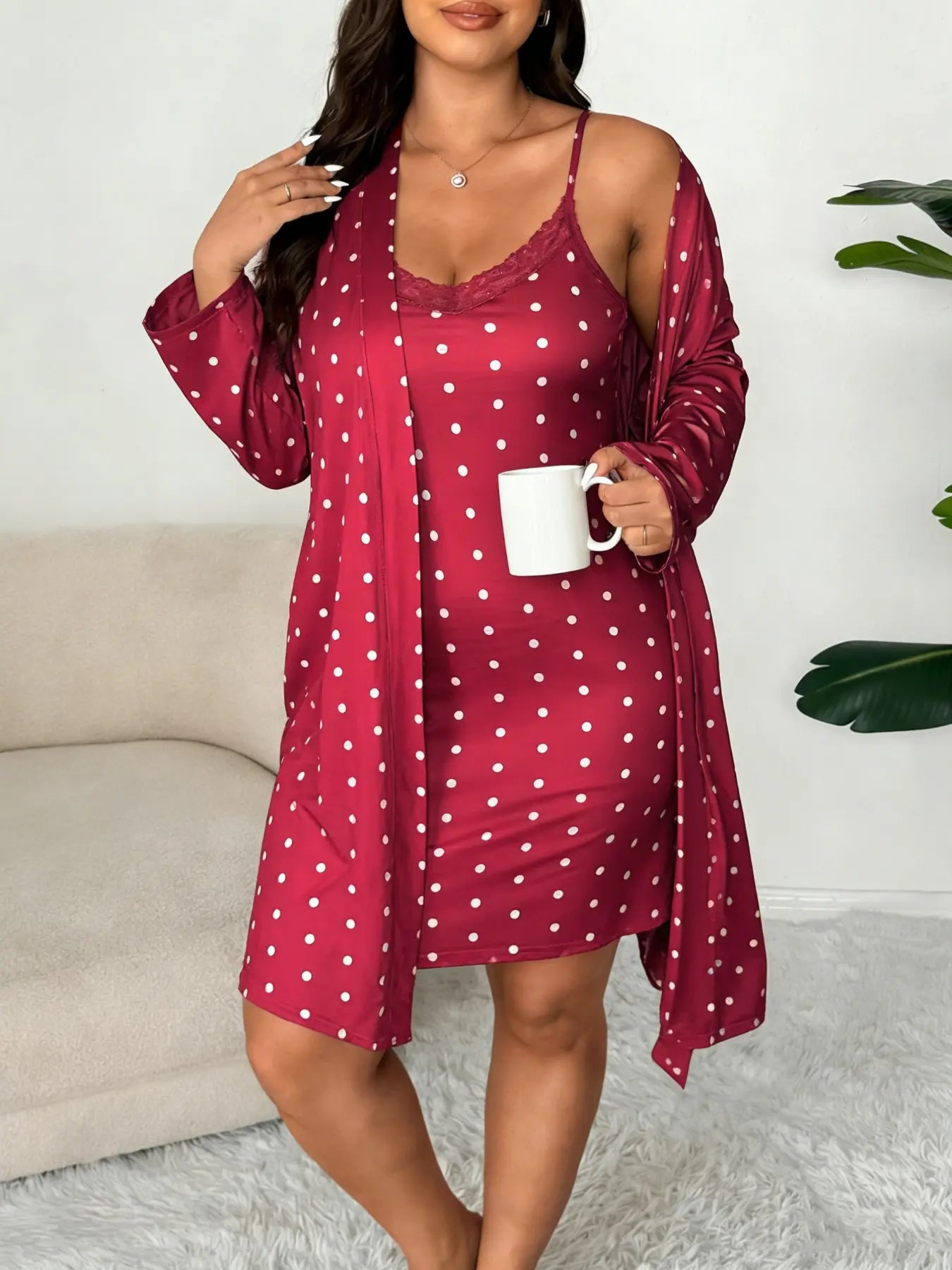 Plus Size Women's Nightwear Set, Floral Print Lace Nightdress + Long Robe