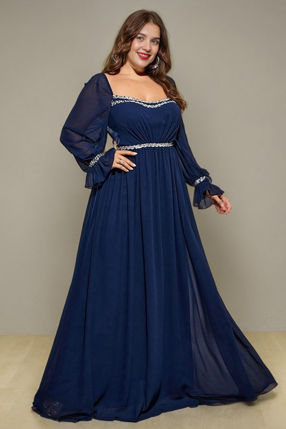 Curveins Plus Size Square Neck Long Sleeve Maxi Dress with Ruched Waist