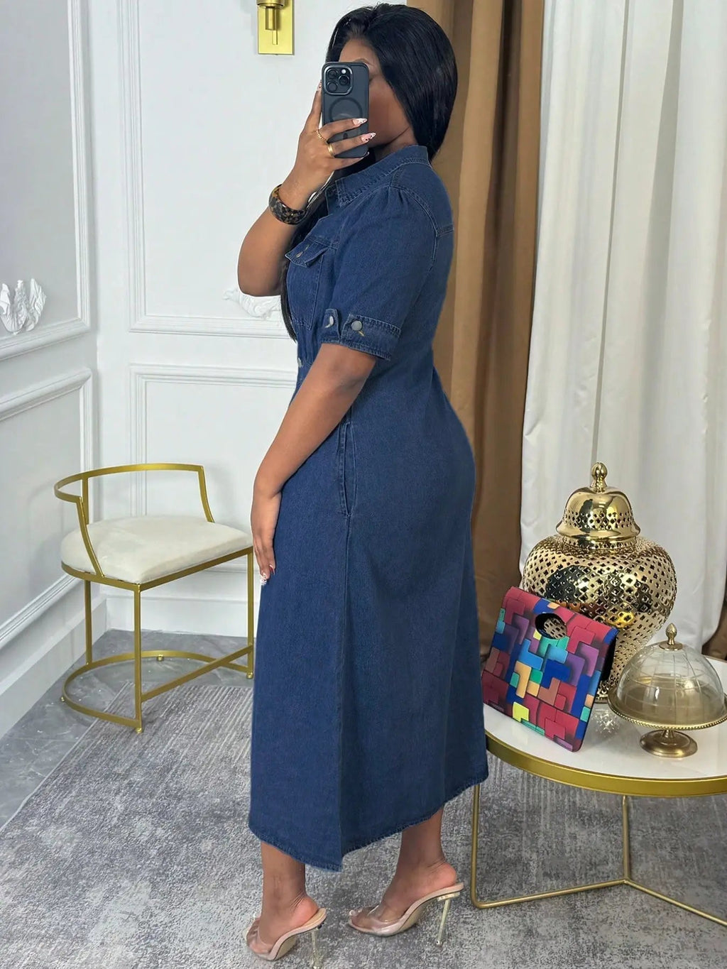 Chic Denim Shirt Dress - Button Down Midi with Chest Pockets & Cuffed Sleeves | Effortless Casual Jean Dress