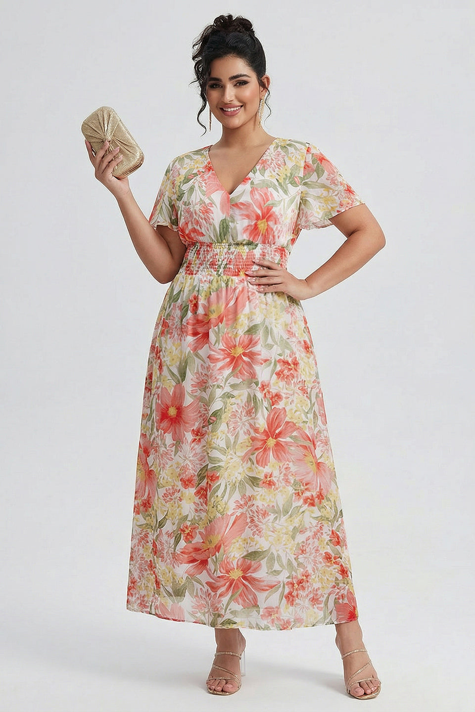 Curveins Plus Size V Neck Batwing Sleeve Cinched Waist Floral Pattern Maxi Dress