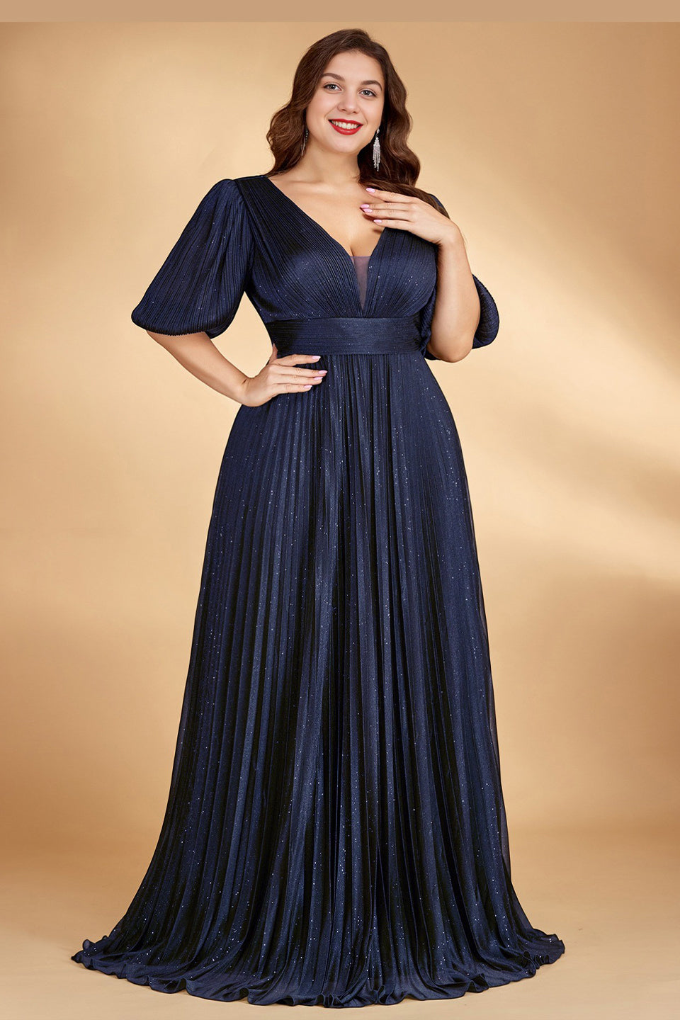 Curveins Plus Size Lantern Sleeve Flowy V Neck Gathered Waist Chic Pleated Maxi Dress