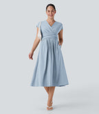 Casual midi dress, V-neck, short sleeves, side pockets, tie-back detail, quick-drying