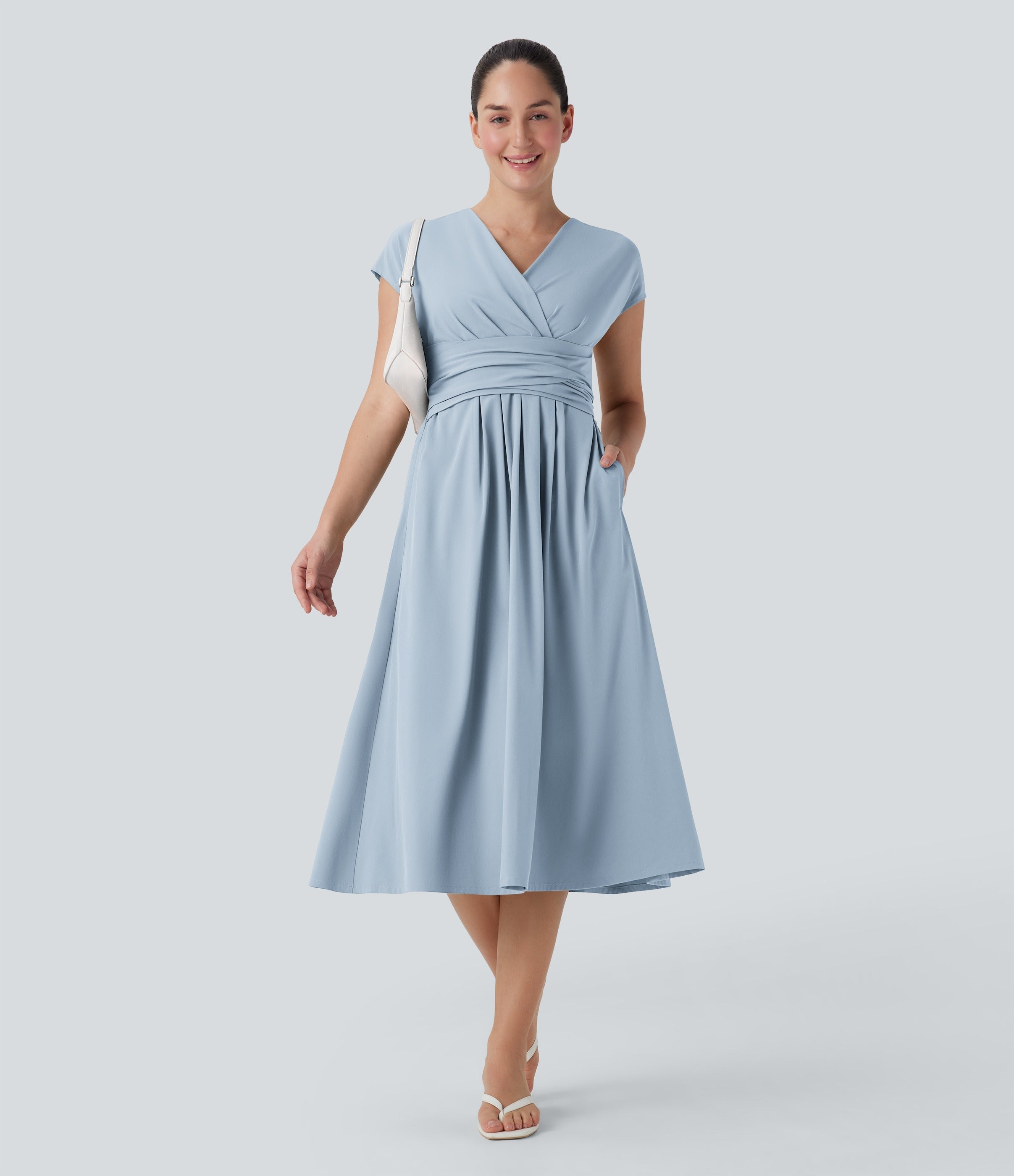 Casual midi dress, V-neck, short sleeves, side pockets, tie-back detail, quick-drying