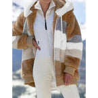 Women's Colorblock Drop Shoulder Hooded Polar Fleece Coat, Fashion Casual Long Sleeve Zip Up Warm Outerwear For Daily Outdoor Wear, Women's Clothing