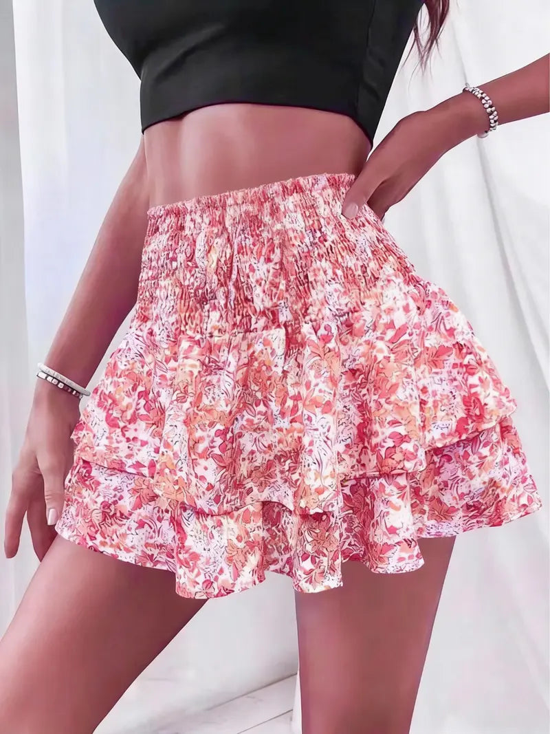 Women's Floral Print Woven Fabric Frill Trim Shirred Tiered Layer Shorts, Casual Lightweight Loose High Waist Tie Front Drawstring Wide Leg Shorts for Spring & Fall, Women's Bottoms for Daily Wear, 1 Piece Womenswear