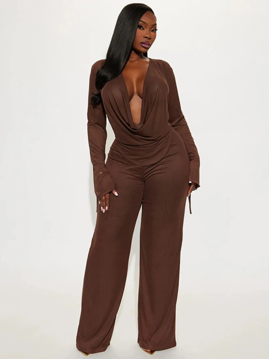 Women's Deep V Neck Blouse Set, Long Sleeve Crop Top & High Waisted Pants, Sexy Plain Design, Fall Winter Fashion