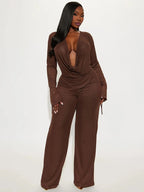 Women's Deep V Neck Blouse Set, Long Sleeve Crop Top & High Waisted Pants, Sexy Plain Design, Fall Winter Fashion