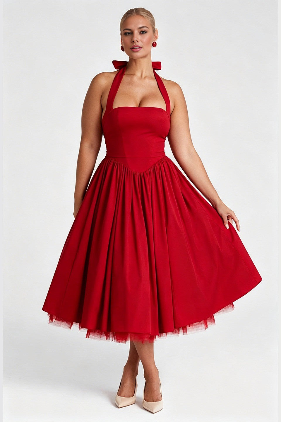 Curveins Plus Size Halter Neck Spaghetti Strap Sleeveless Puff Skirt Midi Dress
