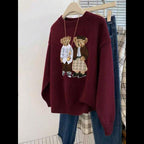 Unisex Cartoon Bear Print Crew Neck Sweater, Casual Loose Long Sleeve Jumper for Fall & Winter, Fashion Ladies' Knitwear for Daily Wear