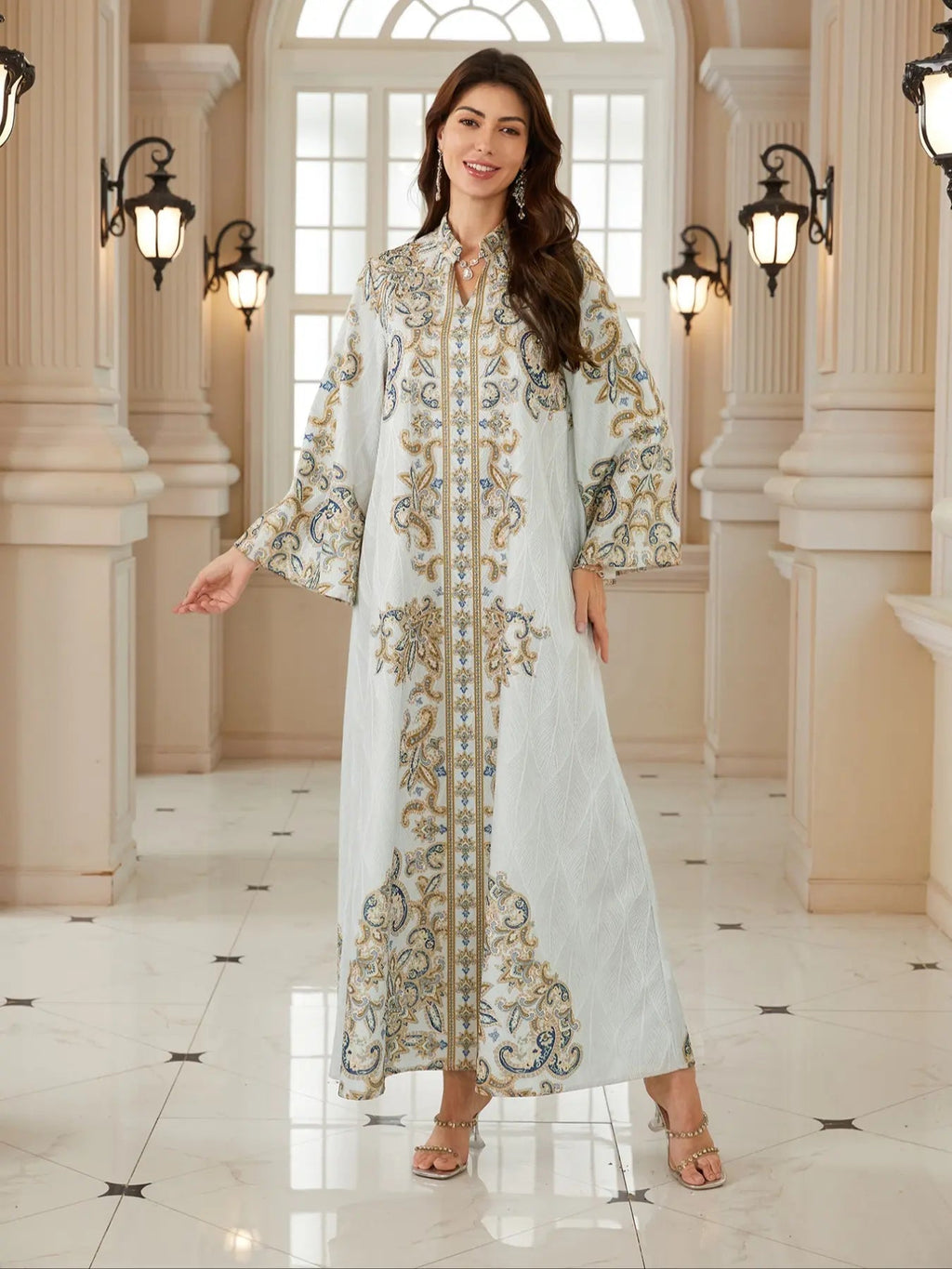 Middle Eastern Women's New Fabric Printed Embellished Dress, Arabic Long Robe Evening Gown Abayas Full Beaded Jalabiya, Abayas For Eid