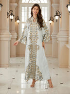 Middle Eastern Women's New Fabric Printed Embellished Dress, Arabic Long Robe Evening Gown Abayas Full Beaded Jalabiya, Abayas For Eid