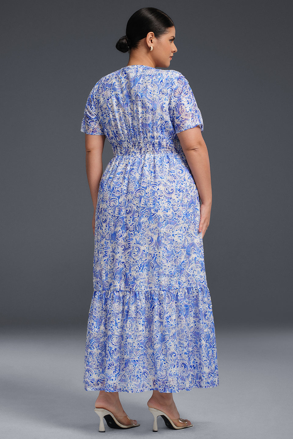Curveins Plus Size V-Neck Floral Ruffle Hem Maxi Dress