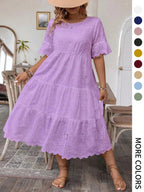 [Plus Size] Solid Eyelet Embroidery Dress, Boho-Style Round-Neck Dress for Vacation and Everyday Wear – Women's Summer Clothing