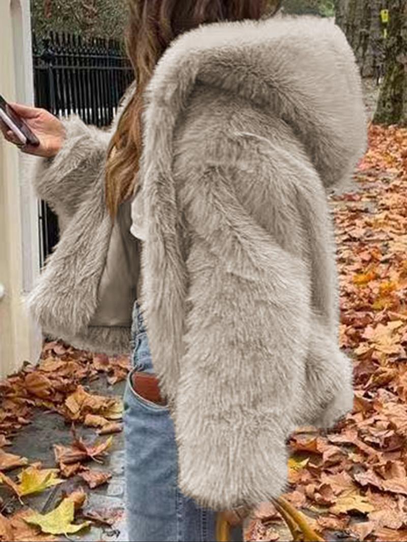 Women's Casual Faux Fur Hooded Jacket Short Style Fall & Winter Wear Moderate Fabric Thickness Fitted Design Coffee Brown Basic Outerwear Coats