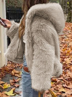 Women's Casual Faux Fur Hooded Jacket Short Style Fall & Winter Wear Moderate Fabric Thickness Fitted Design Coffee Brown Basic Outerwear Coats