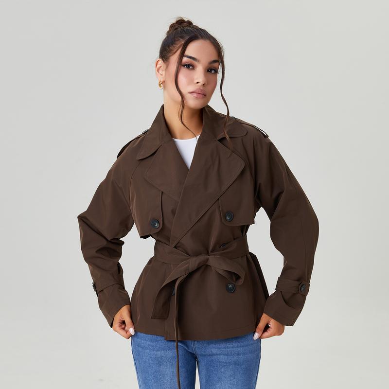 Women's Commuter Notch Lapel Double Breasted Detachable Belt Trench Coat, Fall & Winter Plain Wrap Tie Waist Outerwear Jacket, Elegant Trench Coat