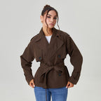 Women's Commuter Notch Lapel Double Breasted Detachable Belt Trench Coat, Fall & Winter Plain Wrap Tie Waist Outerwear Jacket, Elegant Trench Coat