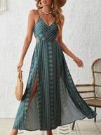 Women's Boho Striped Bodycon Dress, Split Thigh Backless Spaghetti Strap, Perfect for Beach Vacation & Layering