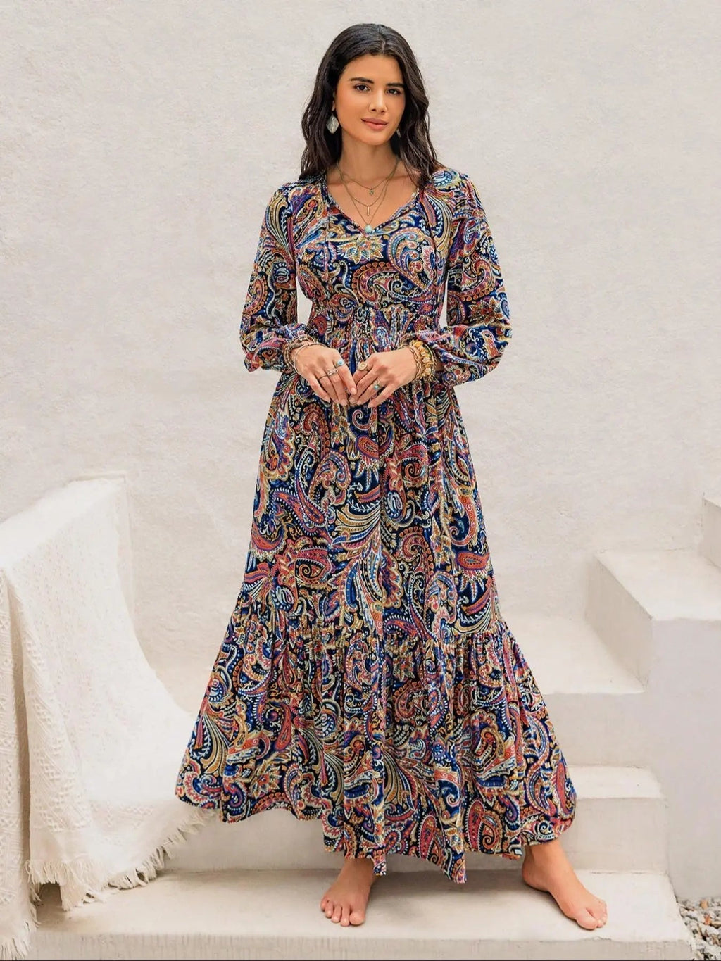 Women's Boho Style Long Sleeve Woven Paisley Print Dress, Fitted Waist Design, Comfortable, Casual & Stylish for All Seasons, Perfect for Beach