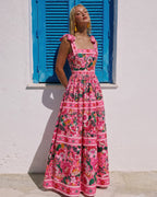 Pink Floral Paradise Print One Piece Swimsuit and Skirt