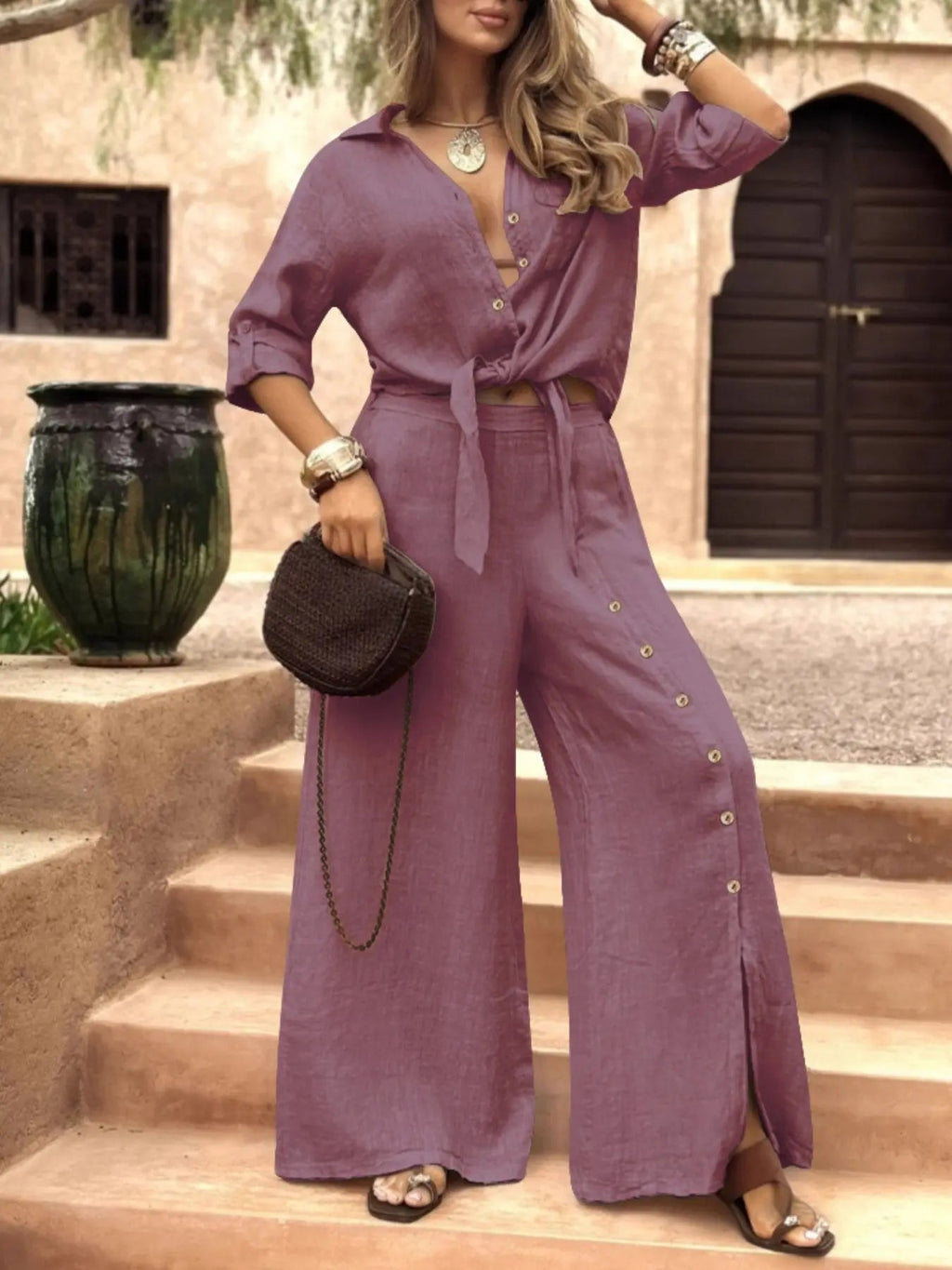 Women's Long Sleeve Loose Fit Shirt Set with Tie Hem, Single Button Decorated Wide Leg Pants, Casual All Season Outfit