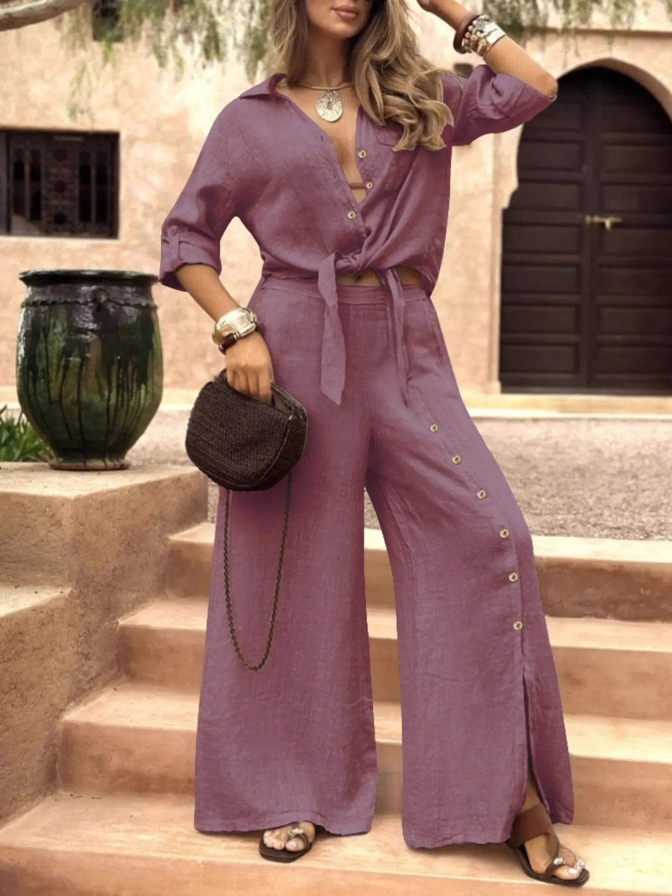 Women's Long Sleeve Loose Fit Shirt Set with Tie Hem, Single Button Decorated Wide Leg Pants, Casual All Season Outfit