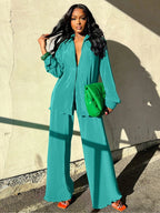 Women's Solid Button Front Shirt & Elastic Waist Pants Two-piece Set