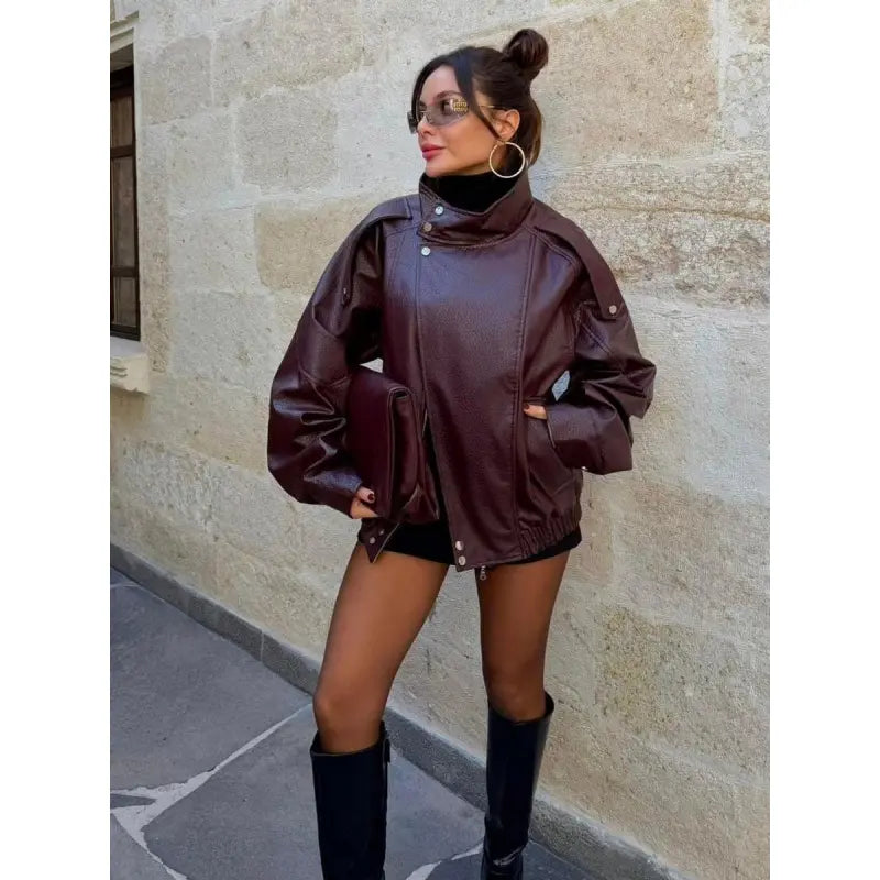 Black Faux Leather Jacket Stand Collar Oversized Moto Biker Jacket Elastic Hem Streetwear Casual Long Sleeve Waterproof Windproof Outerwear for Spring & Fall, Ladies Clothes for Daily Wear