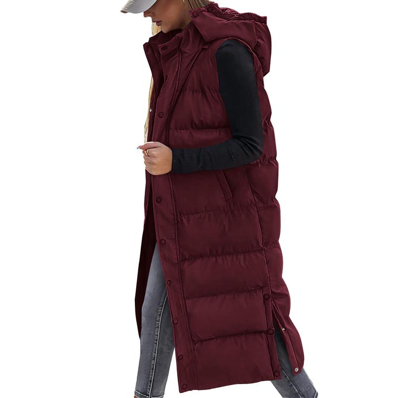 Women's Long Puffer Vest with Quilted Hood and Button Down Closure for Winter Coat 2025 - Tops, Womenswear