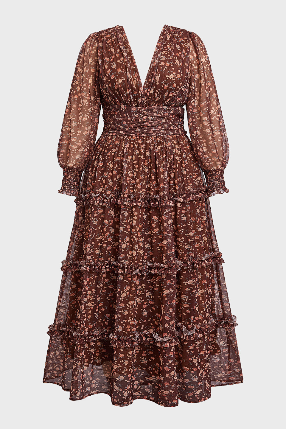 Curveins Plus Size V Neck Long Sleeve Floral Tiered Maxi Dress