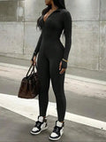 Women's Solid Zipper Jumpsuit, Casual Comfy Thumb Hole Long Sleeve Skinny Jumpsuit for Daily Wear, Ladies Clothes for All Seasons